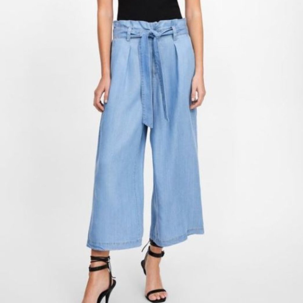 Zara Wide Leg Paper Bag Style Trousers - Chambray